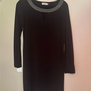 Calvin Klein Black Long Sleeve Dress with Embellished Neckline